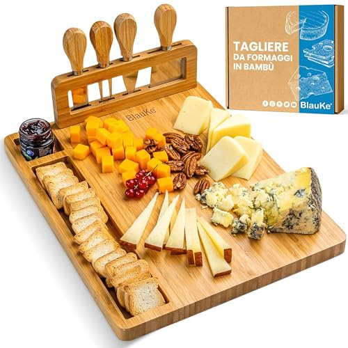 Bambus Käsebrett mit Käsemesser Set 35x28cm – Servierplatte aus Holz für Käse & Häppchen – Servierbrett Holz Käseplatte oder Schneidebrett Küchenbrett – Cheese Board Charcuterie Board – Geschenk Idee