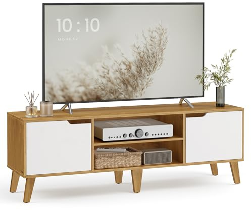 VASAGLE TV-Schrank, Lowboard, Fernsehschrank mit Verstellbarer Ablage, für Fernseher bis zu 65 Zoll, 147 cm lang, Übergangsstil, Fernsehtisch, Wohnzimmer, natureichenfarben-cremeweiß LTV556Y01