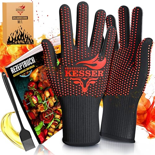KESSER® Grillhandschuhe XXL, auch für Topf und Kamin, hitzebeständig bis 500°, atmungsaktiv, Rutschfester Griff, Aramid-Gewebe, maschinenwaschbar, inkl. Rezeptbuch & Kochpinsel, Größe M-L, Rot