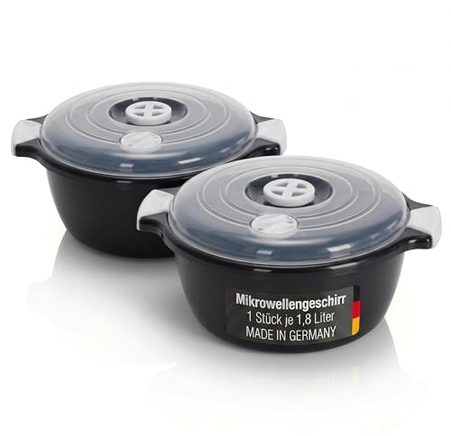 Lantelme 2 Stück Mikrowellenschüssel im Set mit 1,8 Liter mit Dampfventil in Deutschland hergestellt stapelbar spülmaschinengeeignet Kunststoff Schüssel für Mikrowelle Kühl- Gefrierschrank (Schwarz)