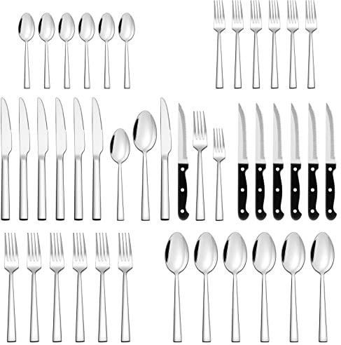 Joyfair Edelstahl 36-teiliges Besteck Set mit Steakmesser für 6 Personen | Besteckset mit Messer Gabel Löffel, Elegantes Essbesteck für Haus/Party/Restaurant, Robuste Konstruktion, Spülmaschinenfest