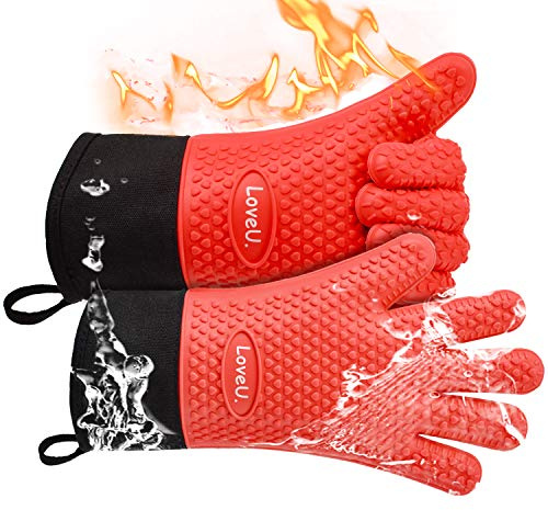 Loveuing Grillhandschuhe – Doppelschicht Backhandschuhe aus Silikon und Baumwolle - Hitzebeständige Handschuhe/Ofenhandschuhe/Kochhandschuhe/Flexible Küchenhandschuhe - Perfekt zum BBQ Backen