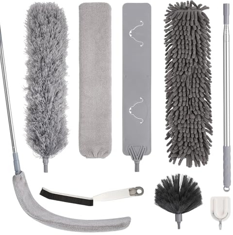 7 Stück Staubwedel Teleskop, Staubwedel Lang Ausziehbar Bis 213cm Spinnenwebenentferner Waschbar Mikrofaser Staubwischer mit Haken für Decke Lücken Spinnweben
