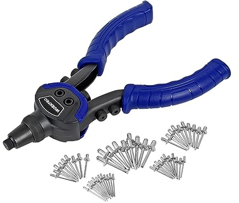 WORKPRO 5-in-1 Nietzange Set Blindnietzange Nietpistole 250mm mit 5 auswechselbaren Mundstücke 2,4mm-6,4mm mit 100 Nieten, geeignet für Stahl, Edelstahl und ALU-Nieten