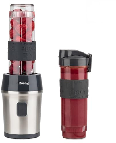 H.Koenig Mini Smoothie Maker Standmixer, Blender elektrisch, Transportabel Kompakt 570mL SMOO9 BPA-frei Leistungsstarke 300W, Smoothie Mixer 2 tragbare Flaschen, Edelstahlklingen, Silber/Schwarz