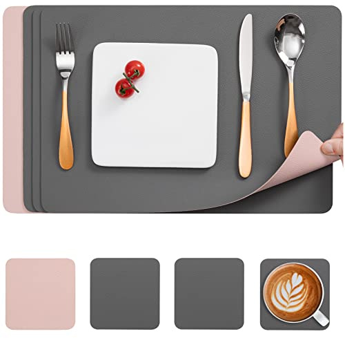 Myir JUN Tischsets Abwaschbar und Untersetzer, Platzset Leder Platzdeckchen Abwaschbar Doppelseitigen Tischsets Umkehrbares Tischset rutschfest Tischset Lederoptik (Grau Rosa, Satz von 4)
