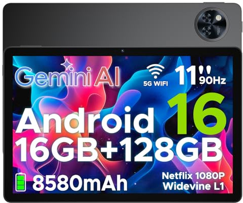 U11 Android 16 Tablet 11 Zoll Gemini AI 16GB RAM +128GB ROM (2TB TF), 8580mAh Gaming Tablet Unisoc T7200 Octa-Core, Widevine L1+13MP+5MP Tablets PC, 2.4G+5G WLAN GMS/3.5mm Audio/OTG/GPS/Face ID
