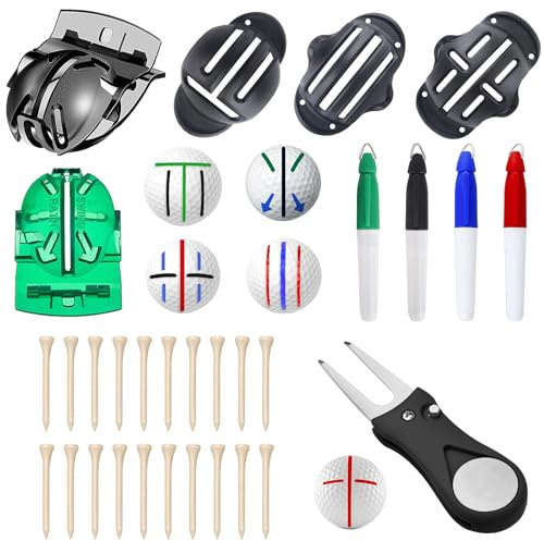 9-teiliges Golfball Markierer Kits 5 Golfball-Markierungswerkzeuge und 4 farbige Golfballmarker 1 Golf-Divot-Reparaturwerkzeug 20 Golf-Tees Werkzeug zur Ausrichtung und Identifizierung von Golfbällen