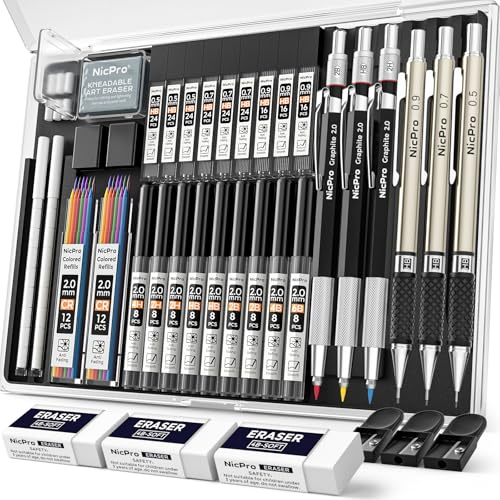 Nicpro 35 Stück Kunst Druckbleistift Set, Bleistifte 0,5 & 0,7 & 0,9 mm und 3 Stück 2 mm Fallminenstift mit 20 Dosen Ersatzminen(Farben 6B 4B 2B HB 2H 4H)，Zeichenstifte zum Skizzieren und Zeichnen