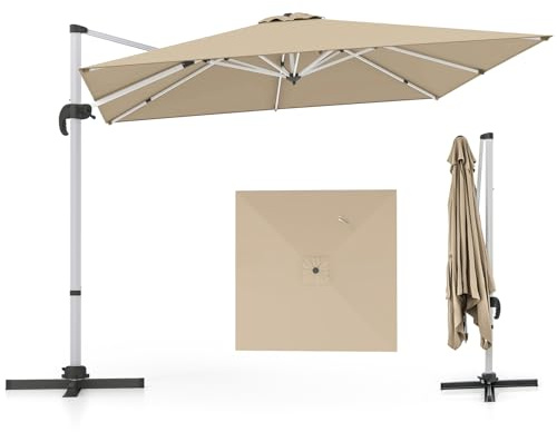 COSTWAY Sonnenschirm rechteckig 300 x 300 cm, großer Ampelschirm mit Kurbel, Gartenschirm neigbar, 360° drehbar, Terrassenschirm, Marktschirm für Garten, Terrasse, Balkon (Beige)