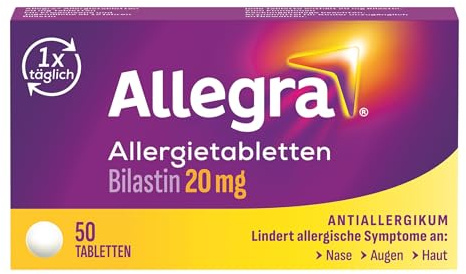 Allegra Allergie Tabletten | 50 Stk | Antiallergikum | Wirkstoff Bilastin | schnell und 24 Std wirksam bei Heuschnupfen, Tierhaarallergie, Hausstauballergie, Nesselsucht (Urtikaria)