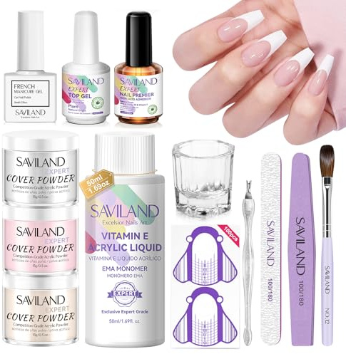 SAVILAND Acryl Nagelset: 3 Farben Acrylpulver 50ml Acrylliquid mit Weiß French Gel Nagellack Nail Primer Top Coat Acrylpinsel Nail Tools Acryl Nägel Starterset für Anfänger French Manicure DIY
