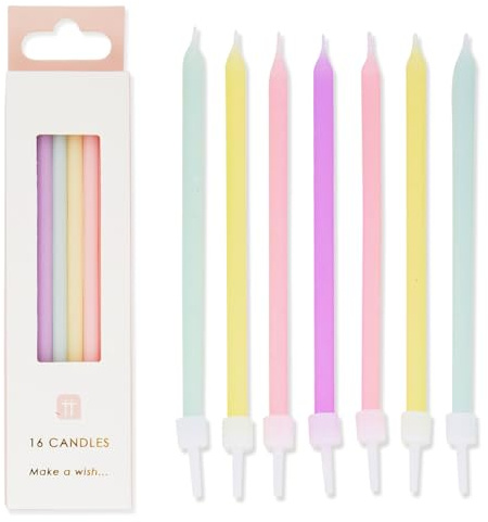Packung mit 16 Regenbogen-Pastell Geburtstagskerzen mit Halterungen | Lang, Dünn, 10 cm | Kerzen Geburtstag Kuchendeko Kinder, Tochter, Mädchen-Party, 16, 18, 21, Babyparty, Ostern