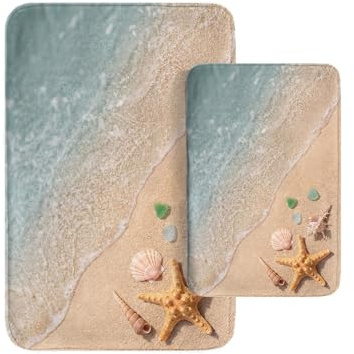 Britimes Badteppich-Set mit Strandseestern und Muscheln, waschbar, 40,6 x 61 cm und 50,8 x 81,3 cm, Türkis Marmor Textur 2