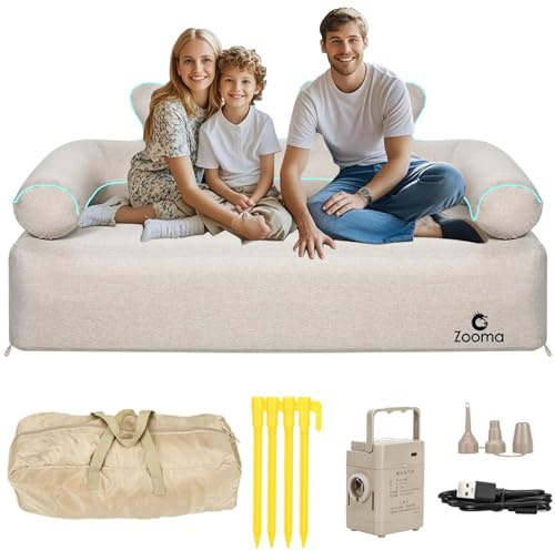 Zooma Aufblasbares Sofa, Luftsofa mit Leichter Gürtel und Handlauf, Camping Sofa Couch Aufblasbar mit Eingebaute elektrische Luftpumpe, Campingstuhl Faltbar für Indoor, Outdoor, Party, Reisen, Strand
