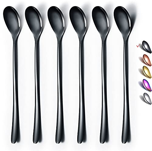 HOMQUEN Schwarzer Löffel Mit Langem Griff, Kaffeerührer, Premium-Edelstahl-Kaffeelöffel, Eisteelöffel, Eislöffel, Cocktail-Rührlöffel, Teelöffel, 6Er-Set (Schwarz)
