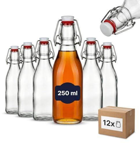 gouveo 12er Set Glasflasche 250 ml eckig mit Bügelverschluss (0,25 l) – Quadratische Bügelflaschen zum Befüllen für Saft, Likör, Sirup, Öl & Essig (BFE250)
