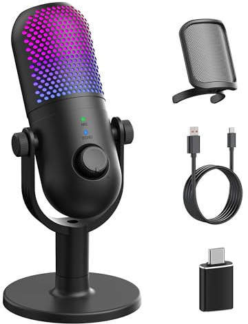 GUEVWES USB Mikrofon PC Gaming RGB: Microphone PC Schwarz - Zubehör PS4 & PS5 - Gaming Mic mit Stumm & Gain & Echo - Gadgets Laptop für Windows & Mac - Podcast Mikrofon für YouTube & Streaming