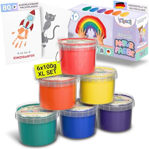 Valy&Oli® Fingerfarben Kinder Ungiftig ab 1 2 3 Jahre [inkl. Malvorlage] Made in Germany - Extrasanft & Unbedenklich - Fördert Kreativität & Entwicklung - XL Set 6×100 g - Klassik
