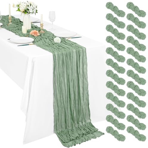 Pesonlook 24er Set Gaze-Tischläufer für Hochzeiten, 55 x 300 cm, Salbeigrün | Weiche Polyester-Gaze in Käsetuch-Optik mit lockerem Faltenwurf für Boho-Tischdeko, Geburtstage, Partys und Hochzeitsbögen