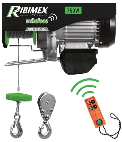 Ribimex Elektrischer Seilzug mit Funksteuerung 200/400 kg, Umlenkrolle und 18 m Stahlseil, 230V~50Hz Einphasenmotor, Für Haus, Werkstatt und Baustelle – PE200/400T