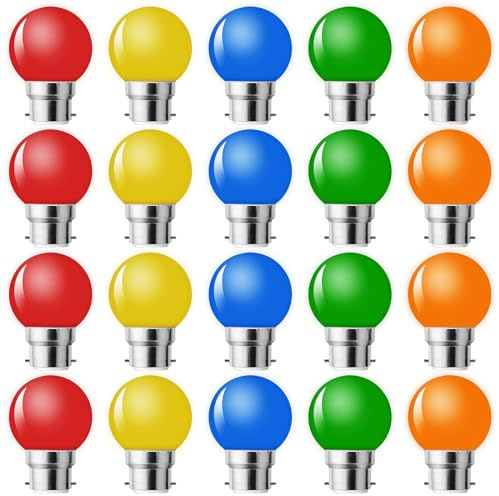 MZYOYO B22 LED Bajonett LED Glühbirne,1W Farbige Glühbirnen,B22 G45 Glühbirne Bunt,Gemischte Farben LED Leuchtmittel,Rot Gelb Blau Grün Orange,für Lichterkette Party Halloween Dekoration,20er Pack