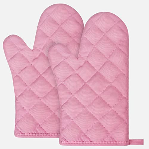 AUAUY 1 Paar Ofenhandschuhe, Baumwolle Topfhandschuhe, Backofenhandschuhe, Waschbare Hitzebeständig [bis 180°C/356°F] Kochhandschuhe, rutschfeste Kochhandschuhe zum Kochen, Backen, Grillen (Rosa)
