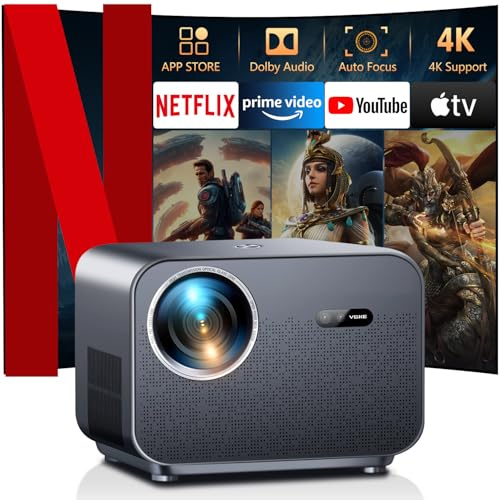 VGKE Smart Beamer 4k Heimkino, [Netflix Offizieller ＆ Autofokus] 30000 Lumen Full HD 1080p WiFi6 Bluetooth Projektor mit Dolby Audio, Automatische Trapezkorrektur Beamer Handy für Heimkino/Outdoor