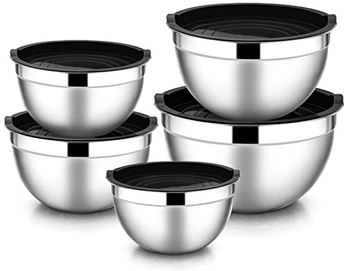 Rührschüssel 5er Set, HaWare Edelstahl Salatschüssel Schüssel Set mit Luftdichtem Deckel - 4.5L/ 2.7L/ 1.5L/ 1.2L/ 0.7L, Ideal zum Kochen/Backen/Aufbewahrung, Stapelbar & Spülmaschinenfest - Schwarz