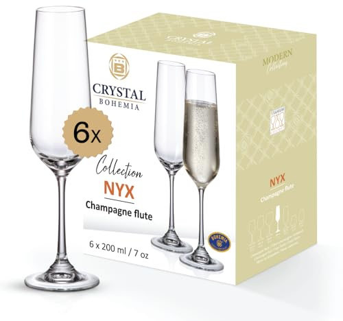 Crystal Bohemia Sektgläser - 6er Set, je 200 ml, spülmaschinenfest, schlank, kratzfest & elegant - Klassische Kristallgläser für Champagner & Prosecco - Ideal für Dinnerpartys & als Geschenk