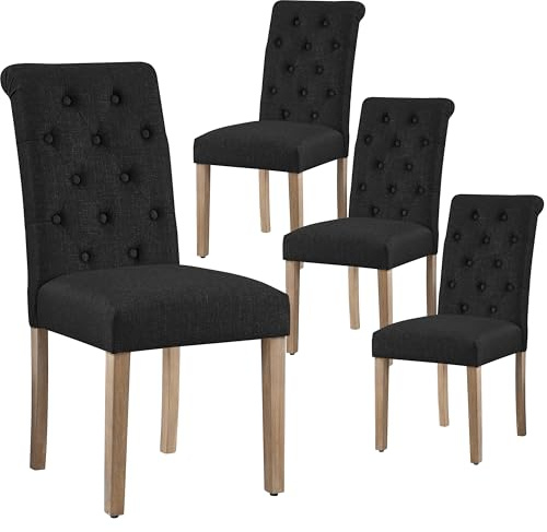 Yaheetech Esszimmerstühle 4X Küchenstuhl Beine aus Massivholz, Schwarz | Polsterstuhl mit hoher Rückenlehne, Gepolsterte Sitzfläche aus Leinen, für Esszimmer/Wohnzimmer/Küche