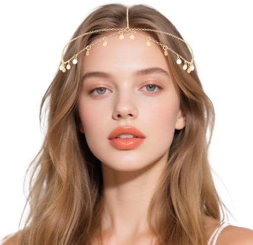 Boho Kopfkette,Gold Hippie Orientalisch Kopfschmuck 53 cm,Pailletten Boho Quaste Haarkette,Wahrsagerin Kopfschmuck Gold,Festival-Haarschmuck für Damen und Mädchen