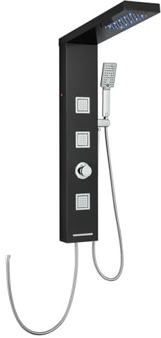 KINKIBOS Duschpaneel ohne Armatur Schwarz, LED, 4 Modi, Edelstahl 304 | Duschsäule mit LED Regendusche, 3 Massagedüsen, Handbrause und Wanneneinlauf