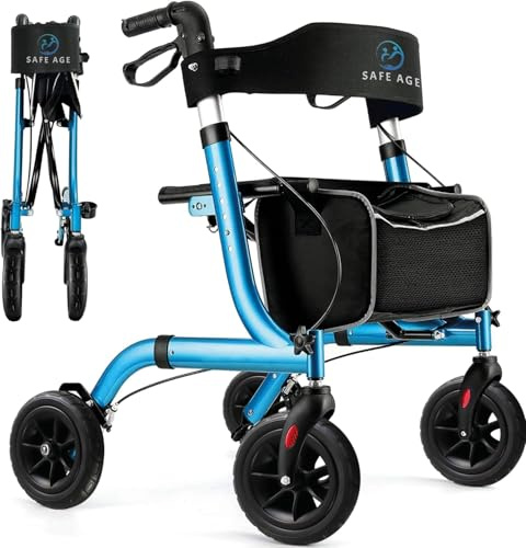 Safe Age Rollator faltbar und leicht mit Sitz - Gehhilfe für Senioren, Rollator für die Wohnung Indoor & Outdoor - mit Rückenlehne und Gehstockhalter