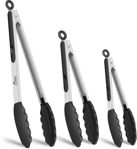 HOTEC Premium Edelstahl Küchenzange mit Silikon Spitzen, Grillzange Set of 3-18 cm, 23 cm und 30,5 cm Schwarz