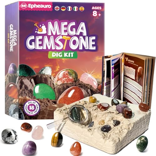 Epheauro Mega Edelstein-Ausgrabungsset für Kinder – 18 echte Kristalle, Mineralien & Steine für Kinder ab 8 Jahren