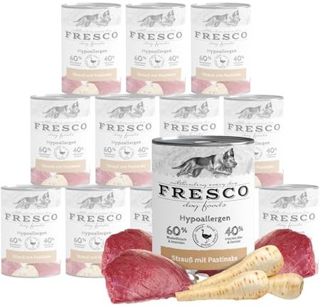 FRESCO Dog NassBarf Hypoallergen Strauß 6 x 400g | mit Pastinake | Mono-Protein & Frischfleisch | Hundefutter Nass getreidefrei | Hochverträgliches Barf Nassfutter für sensible Hunde