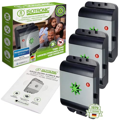 ISOTRONIC Ultraschall Mäuseabwehr zum Mäuse & Ratten vertreiben – Schädlingsvertreiber für Dachboden, Keller, Garage & Garten – Mäuseschreck ohne Gift & Mausefalle – 40m² Wirkungsbereich (3 Stück)