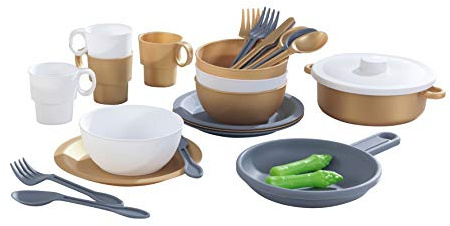 KidKraft 27-teiliges Metallic Geschirrset für Kinderküche, Spielküche Zubehör, Kochgeschirr Spielzeug für Kinder ab 18 Monate, 63532