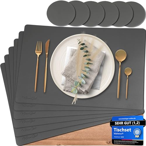 Mahewa® 6er Set Premium Tischset aus Kunstleder - Platzset abwaschbar und wasserdicht - Platzdeckchen Telleruntersetzer in Lederoptik (Dunkelgrau, Eckig)
