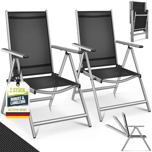 tillvex® Gartenstuhl 2 Stück klappbar mit Armlehnen | 7-Fach Verstellbar | Hochlehner Klappstuhl aus Aluminium | Campingstuhl Klappbar, Wetterfest & Atmungsaktiv | Gartenstühle Balkon Garten Terrasse