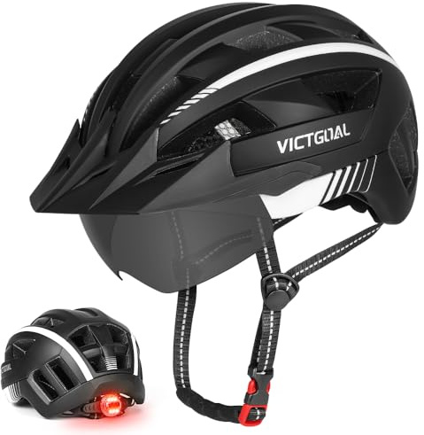 VICTGOAL Fahrradhelm MTB Mountainbike Helm mit magnetischem Visier Abnehmbarer Sonnenschutzkappe und LED Rücklicht Radhelm Rennradhelm für Erwachsenen Herren Damen (Black White, M: 54-58cm)