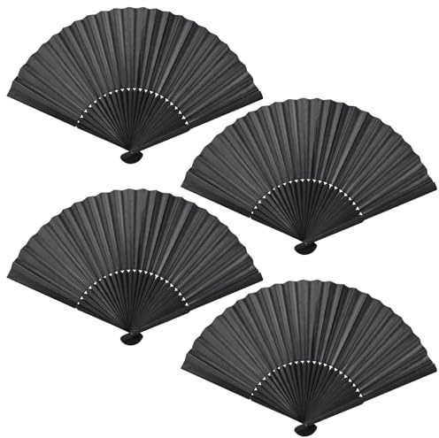 Faburo 4 Stück Handheld Faltventilator Fächer, Orientalischer Bambus Fächer, Schwarz Chinesische Handfächer, Tuch Stoff Fan für Hochzeiten, Leistung, Tanz, Haus Dekorationen, Party, Sommer Geschenk