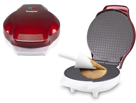 BEPER P101CUD002 Elektrisches Waffeleisen, 1000 W, Waffeleisen für Kegel 18 cm, wärmeisolierender Griff, Kegel-Zubehör inklusive, Weiß/Rot