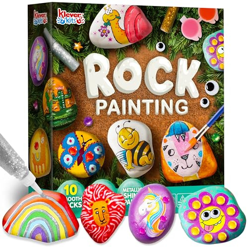 JOYIN 10 Stück Steine Bemalen Set für Kinder mit 18 Farben (Standard Metallicfarben,Aufkleber, Glitzerkleber) Kreativ Steinmalerei,Bastelset Steine Malen Set Geschenk Mädchen 6-12 Jahren