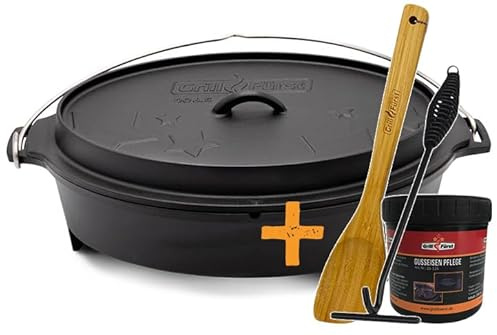 Grillfürst flacher Dutch Oven ca. 6,5 Liter - hitzebeständiger Gusseisen Topf, speziell entwickelte T-Füße, Deckel als Pfanne nutzbar, oval, DO 6,5 inkl. Deckelheber, Pflegepaste und Holzlöffel