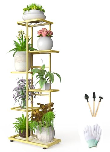 MAIJIAJU 6 Etagen Blumenständer mit Gartengeräte und Handschuhe, 108cm Hoch Pflanzenständer Metall Innen Außen, Mehrstöckig Blumenregal Pflanzentreppe Eckregal Stehend für Garten Balkon Deko Gold
