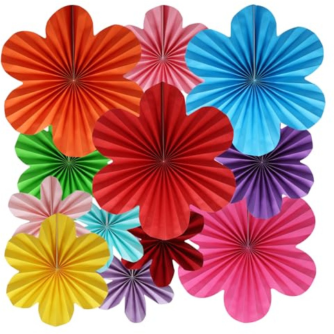 BestoFun 12er Set Papier Blumenfächer Bunt Papierblumen Orange Rosa Papier Fächer Grün Gelb Blau Hängende Hellrosa Hellviolett Girlande Dekoration für Hochzeit Gartenparty Karneval Deko