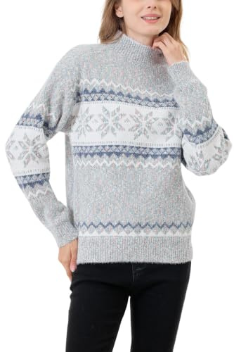 KANDEMY Damen Weihnachtspullover mit kleinem Stehkragen Christmas Pullover Warm Strickpullover mit Streifen Schneeflocken Winter Pullis für Frauen Oberteile Langarm