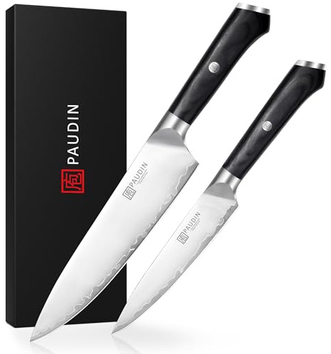 PAUDIN Messerset 2 teilig Küchenmesser Set Kochmesser und Allzweckmesser | Kochmesser 20 cm Allzweckmesser 12,7 cm profi scharf hochwertigem Edelstahl 10Cr15CoMoV einer Härte von 62 HRC Holzgriff